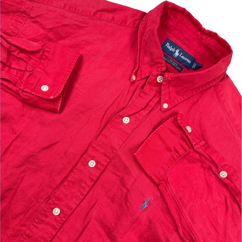 Ralph Lauren Shirt Men Large Red Button Up Silk Linen Blend Blue Pony Blake